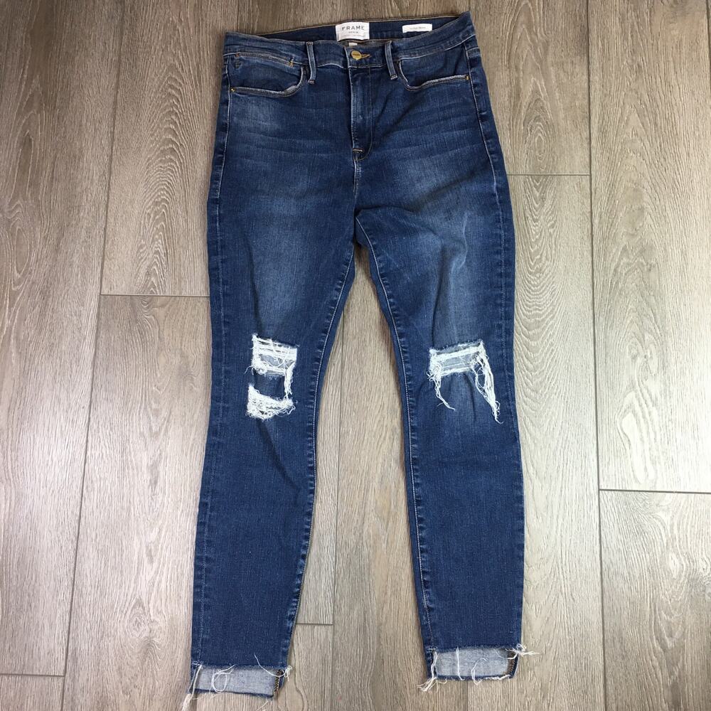 FRAME Denim Le High Skinny Jeans Women Size 30 Dark Wash Rip Distressed Stretch